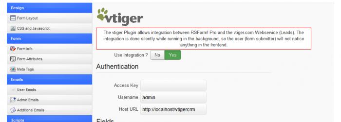 vtiger Integration Plugin Configuration